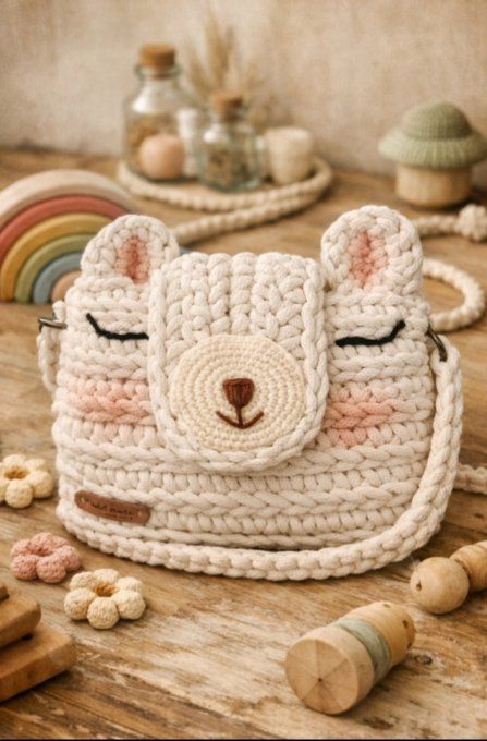 Sac enfant ourson en crochet – Sac fait main doux et naturel