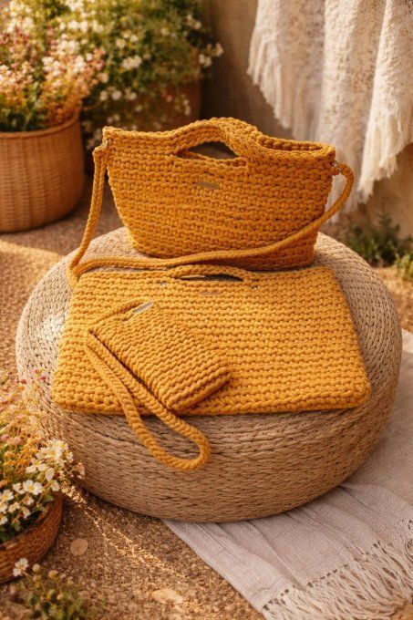 Ensemble sac et pochettes en crochet fait main-accessoires femme en fil de jute