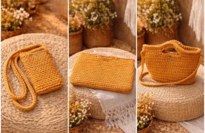 Ensemble sac et pochettes en crochet fait main-accessoires femme en fil de jute