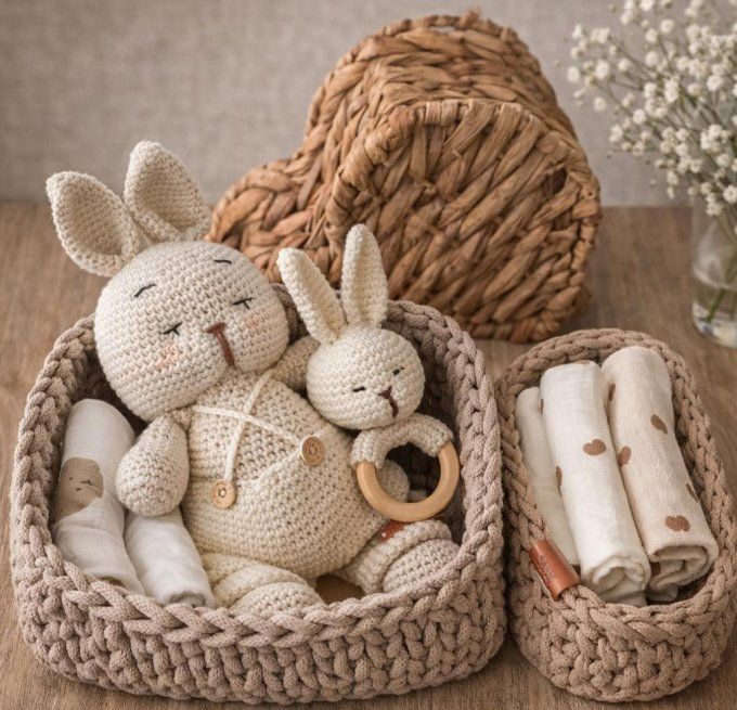 Coffret naissance en crochet fait main – cadeau bébé naturel et artisanal